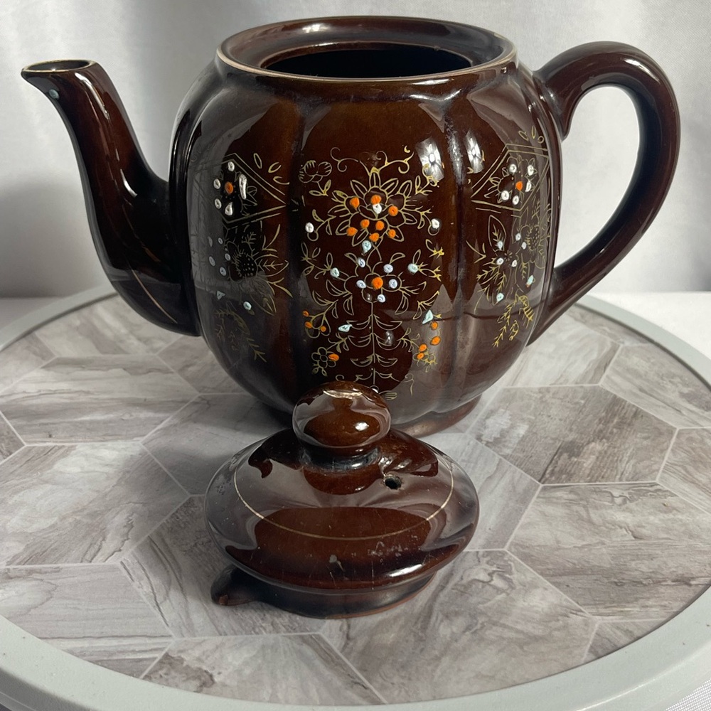 Vintage Hand-Painted Brown Ceramic Teapot from Japan – Floral Motif, 6.5” - Picture 7 of 10